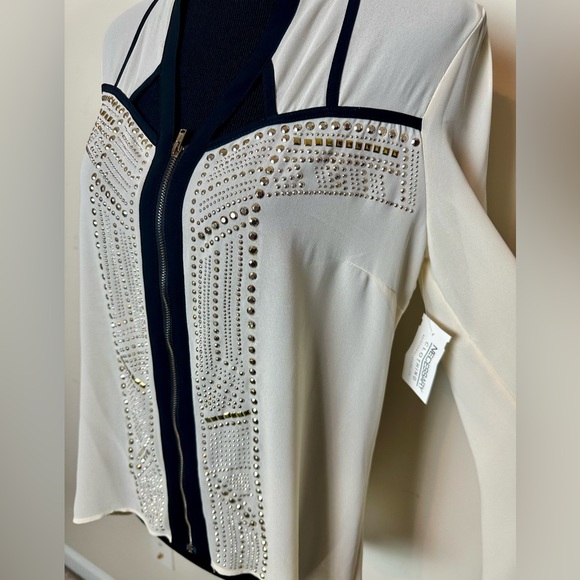 DO&BE Studded Black/Cream Zip-Front Blouse SZ L - Picture 2 of 8